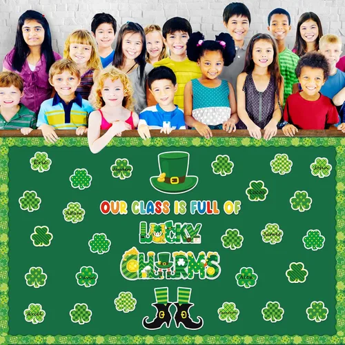 Vista 6 de gisgfim Juego de decoración de tablón de anuncios del día de San Patricio, recortes de bordes de trébol de la suerte para fiestas, escuela, aula