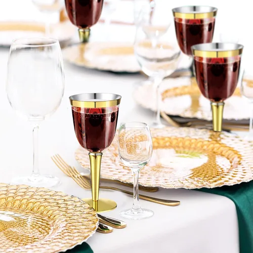 Vista 7 de Paquete de 100 copas de vino de plástico desechables con borde a granel de 8 onzas, elegantes copas de vino con tallo largo, copas de vino Dorado