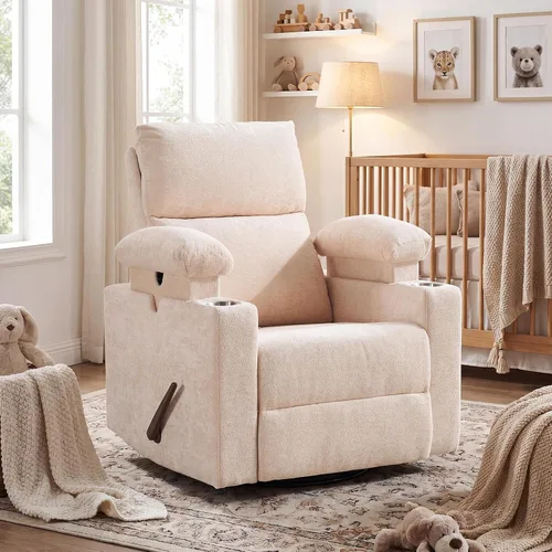 Vista 10 de Glider - Silla reclinable para guardería con reposabrazos ajustables, mecedora con masaje y calor, mecedora giratoria con reposacabezas ajustable