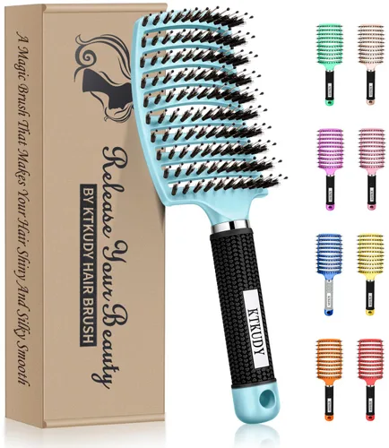 Vista 9 de KTKUDY Cepillo para desenredar con cerdas de jabalí, cepillo para hacer el cabello más brillante y saludable, cepillo desenredante curvo y ventilado