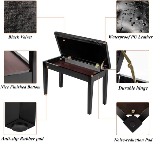 Vista 3 de Bonnlo - Banco de piano doble/dúo de madera con almacenamiento y cojín grueso, banco de piano acolchado de piel sintética para artista, asiento