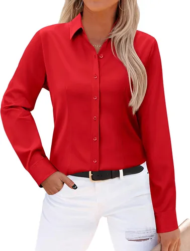 Vista 10 de Gleeivy - Camisas abotonadas para mujer, sin arrugas, de manga larga, camisas de vestir casuales con cuello V, ajustadas, de un solo