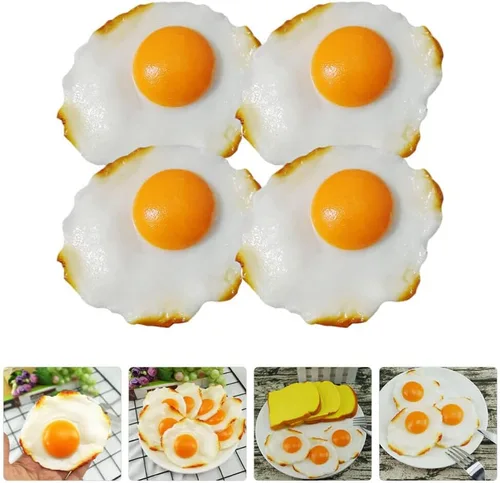 Vista 3 de Modelos de huevos fritos simulados, 4 piezas de huevos fritos falsos, juguetes de comida para niños, decoración de cocina, accesorios para fotos