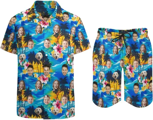 Vista 3 de Conjunto de camisa hawaiana personalizada para hombre, camisa de manga corta con botones y pantalones cortos, conjuntos casuales de vacaciones