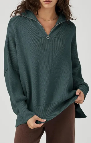 Vista 4 de PRETTYGARDEN Womens Fall Pullover Oversized Long Sleeve Zip Up Lapel V Neck Knitted Tops