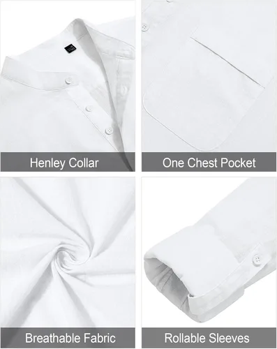 Vista 5 de J.VER Camisa de lino para hombre, de manga larga, de algodón, casual, para playa, Henley, cuello de banda, con bolsillo