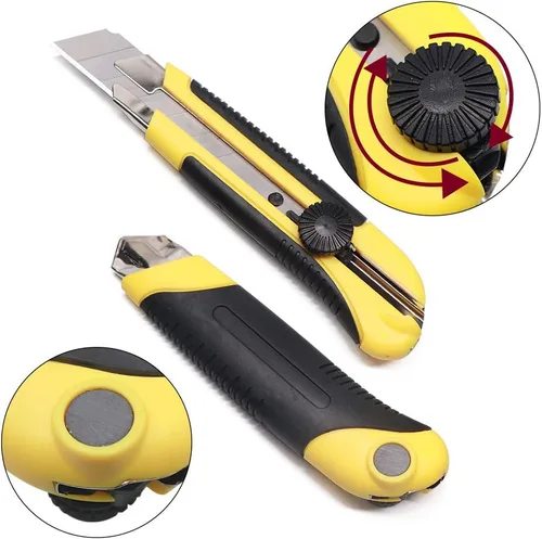 Vista 4 de Cuchillo utilitario resistente de 0.984 in, cortador de caja con 20 cuchillas retráctiles SK-5, cortadores a presión con agarre de goma para cartón