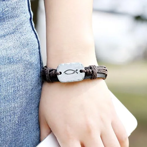 Vista 2 de Sign of The Fish - Pulsera de cuero para hombre, estilo retro, trenzado, hecha a mano, ajustable, para hombres, niños, adolescentes