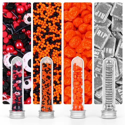 Vista 39 de Gránulos oculares para decoración de pasteles, chispas de perlas negras y rojas con murciélagos negros y dulces de globo ocular, perfectos