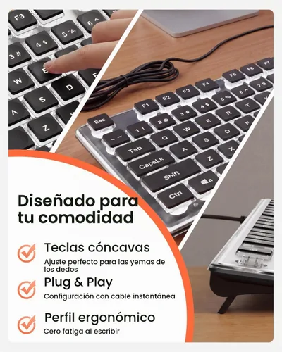 Vista 6 de SEUNKWANG EWEADN GX710S - Teclados retroiluminados para computadora, teclado USB con cable con retroiluminación blanca, panel de metal, Plug and