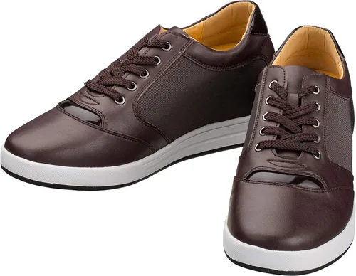 Vista 4 de TOTO Zapatos de ascensor invisibles para hombre con cordones de cuero y malla, zapatillas de deporte de moda, 3.2 pulgadas más altas, Marrón