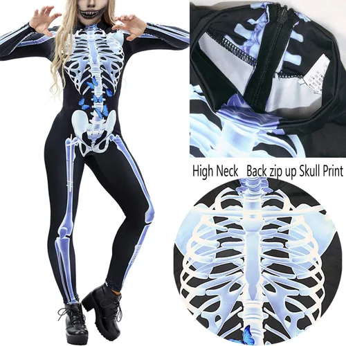 Vista 6 de Fixmatti - Disfraz de fiesta de Halloween para mujer, traje de manga larga con estampado de calavera