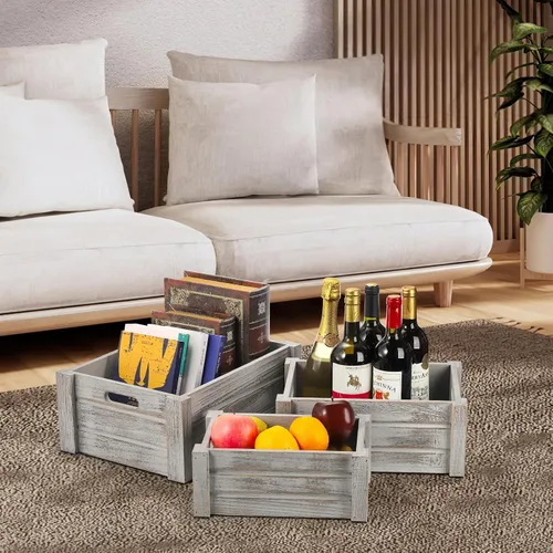 Vista 6 de Hacaroa Paquete de 3 cajas de madera con asas, caja de almacenamiento rústica para anidar, cestas de madera decorativas para frutas, verduras
