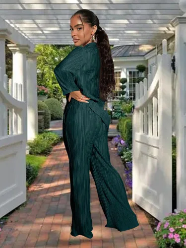 Vista 2 de Trajes plisados de 2 piezas para mujer, estilo casual, bohemio, moderno, camisa de musa, pantalones de pierna ancha, traje diario liso de los años 90