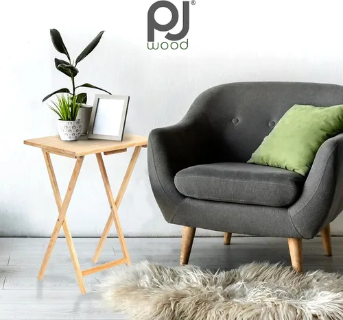 Vista 2 de PJ Wood Mesa rectangular plegable portátil para servir aperitivos, construcción de madera maciza con acabado natural, natural, juego de 2 piezas