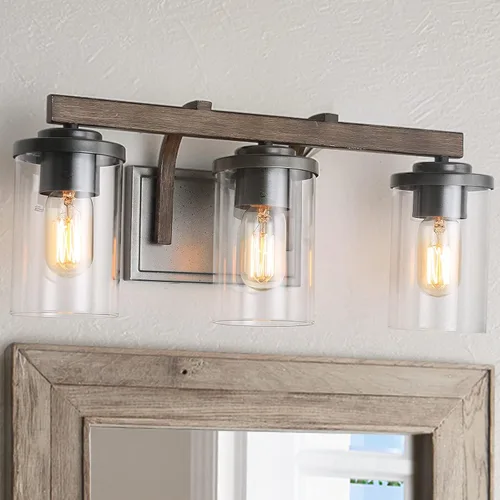 Vista 9 de LOG BARN Lámparas rústicas de baño, 2 luces de tocador de granja para baño con pantalla de vidrio texturizado transparente, luces de iluminación