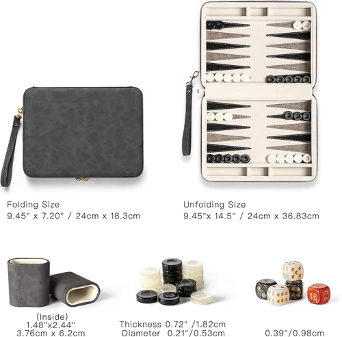 Vista 3 de Juegos de backgammon para adultos y niños, tablero clásico de backgammon con dados de damas únicos, funda plegable de cuero sintético para Negro