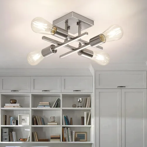 Vista 2 de Lámpara de techo industrial de 4 luces, semiempotrada, moderna lámpara de araña de níquel cepillado, lámpara de techo Sputnik con base de bombilla