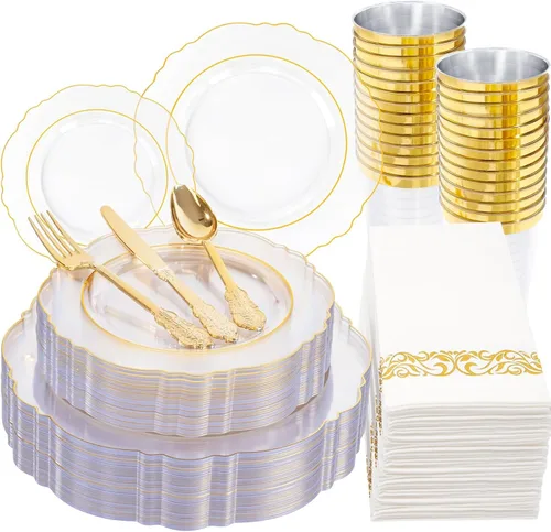 Vista 7 de KIRE - 25 platos de plástico negro y dorado para invitados de Halloween con diseño de calabaza sonriente, incluye 50 piezas de platos negros, 150