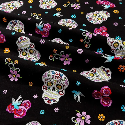Vista 2 de Día de los muertos con purpurina negro/tela multicolor por yarda