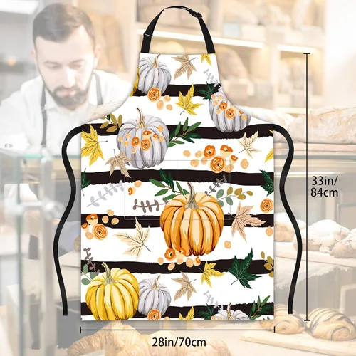 Vista 3 de Delantal de rayas de flores de calabaza con hojas de otoño, regalos para mujeres, delantal con cuello ajustable, impermeable, para mujeres