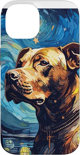 Vista 4 de Funda para iPhone 16 Pitbull Starry Night para perro, mamá, perro, papá
