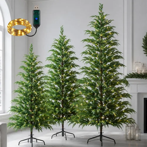 Vista 12 de Cinnyvoice Set of 3 Pre-lit Potted Christmas Tree with led, 2 ft, 3ft,4 ft Árbol de ciprés artificial preiluminado con base de cesta tejida