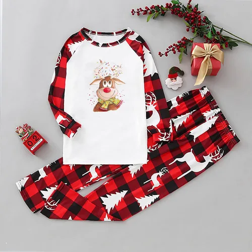 Vista 3 de Pijamas de Navidad familiares a juego, divertidos conjuntos de pijamas de Navidad con bloques de color rojo, pijamas de Navidad para la familia
