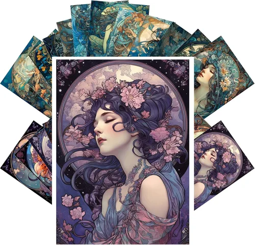 Vista 3 de PIXILUV Postales vintage (24 piezas de 4 x 6 pulgadas cada una) Retratos pacíficos de Art Nouveau de hermosas mujeres florales en vestidos fluidos