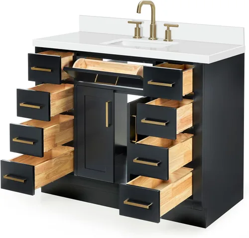 Vista 4 de DKB Isabella - Mueble de baño negro de 42 pulgadas con fregadero, lavabo rectangular, encimera de cuarzo blanco puro y protector contra salpicaduras