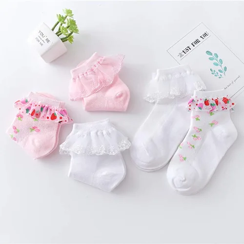Vista 16 de Looching 4 pares de calcetines de encaje de princesa de algodón con volantes sólidos para niñas pequeñas