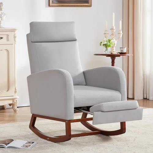 Vista 9 de Silla mecedora para guardería, balancín de respaldo alto con reposapiés, color beige Rocking Chair Nursery with Footrest Storage Pocket