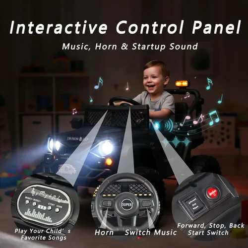 Vista 4 de Vehículo de 12 V para niños estilo Jeep con control remoto, música e historias Bluetooth, faros LED, absorción de golpes, puertas dobles con Negro