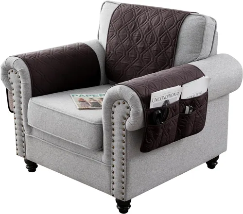 Vista 9 de Juego de 3 fundas impermeables para sofá reclinable, funda para reposabrazos y reposacabezas con 6 bolsillos de almacenamiento, protector acolchado