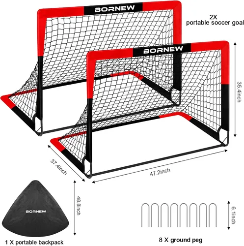Vista 2 de BORNEW Paquete de 2 porterías de fútbol – Porterías de fútbol para patio trasero e interior para niños, 6 x 4 / 4 x 3 pies, juego de redes de fútbol