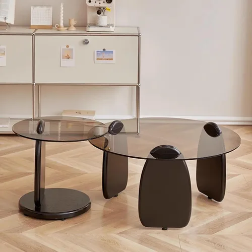 Vista 2 de HM&DX Mesa de centro de vidrio templado transparente, mesa auxiliar redonda moderna con base gruesa, mesa de té pequeña de vidrio para sala