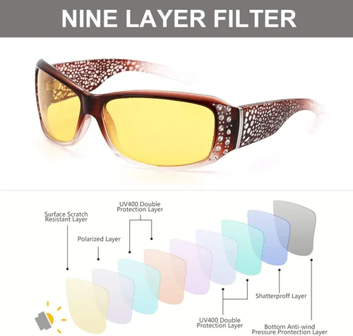 Vista 5 de LVIOE Gafas de sol polarizadas con diamantes de imitación para mujer estilo envolvente con protección UV LS010