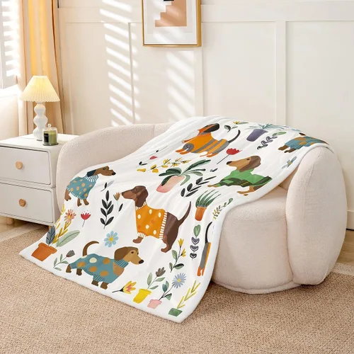 Vista 4 de Manta de perro salchicha de dibujos animados, bonita manta de felpa para decoración de sala de estar, flores de jardín en acuarela, sofá, cama