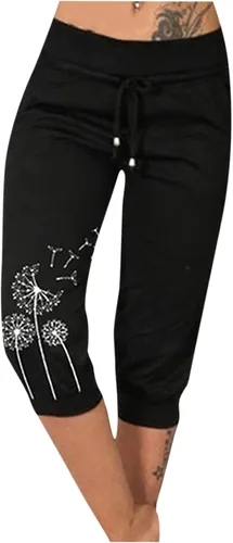 Vista 21 de Pantalones capri para mujer, estampado de diente de león, pantalones capri con cordón de cintura alta, elásticos, pantalones cortos de verano