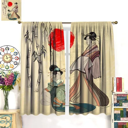 Vista 3 de Cortinas de estilo japonés, Kyoto Geisha Girls Asian Ink Painting - Cortinas de tela de poliéster con estampado de Japón antiguo para dormitorio