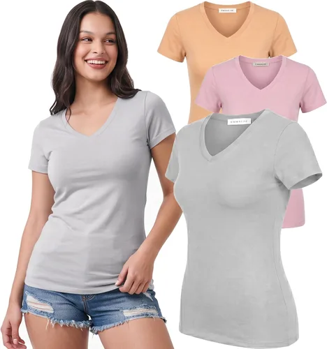 Vista 28 de Emmalise Camiseta de manga corta para mujer, cuello en V, tallas junior y plus