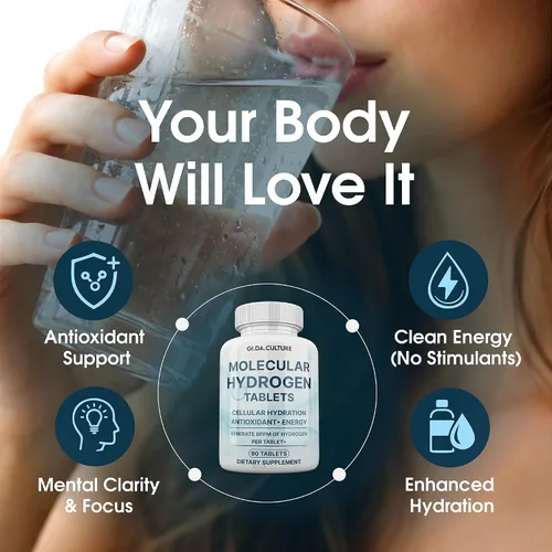 Vista 3 de Tabletas de agua de hidrógeno molecular (8 ppm) Magnesio, Ácido málico y L-Tartárico Suplemento de hidratación y antioxidante Apoyo energético