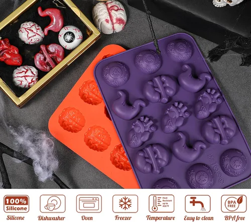 Vista 2 de Moldes de Chocolate de Halloween Kamehame, Molde de Silicona en Forma de Cerebro, Molde de Órgano de 15 Cavidades con Forma de Cerebro, Ojo