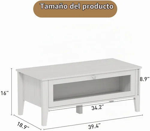 Vista 2 de Bonzy Home Mesa de centro moderna blanca con almacenamiento de puerta de vidrio, mesa central rectangular de madera para sala de estar, 39.4 x 18.9