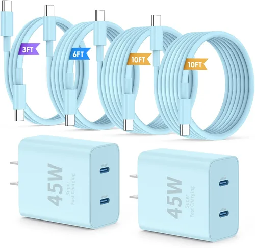Vista 11 de QZIIW Cargador Samsung súper rápido tipo C, bloque de cargador rápido USB C de 45 W de doble puerto [paquete de 2] y cable USB C extralargo de 60 W