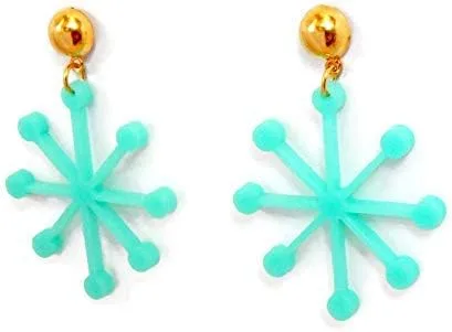 Vista 2 de Mid Century Modern Sputnik Dangle Earrings, Womens Retro Mid Century Aqua Flower Shape Drop Earrings