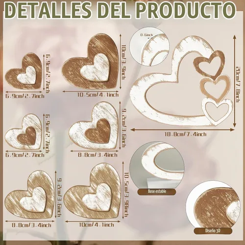 Vista 2 de Wonderjune 7 piezas de decoración para el día de San Valentín, bandeja escalonada de madera con forma de corazón, decoración retro para el día