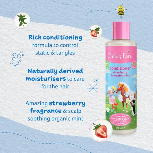 Vista 4 de Childs Farm, Acondicionador de cabello infantil para piel seca y sensible y cuero cabelludo, fresa y menta orgánica, acondiciona y nutre, vegano
