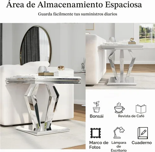 Vista 7 de ACEDÉCOR Mesa auxiliar cuadrada de 22 pulgadas, mesa auxiliar plateada con elegante parte superior de mármol sintético y base en forma de diamante