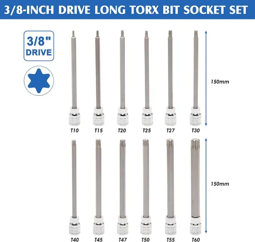 Vista 3 de MIXPOWER 32 piezas 3/8" de transmisión Extra Largo Juego de llaves hexagonales y Torx, SAE y métrico (1/8"-7/16", 3mm-12mm, T10-T60), Longitud